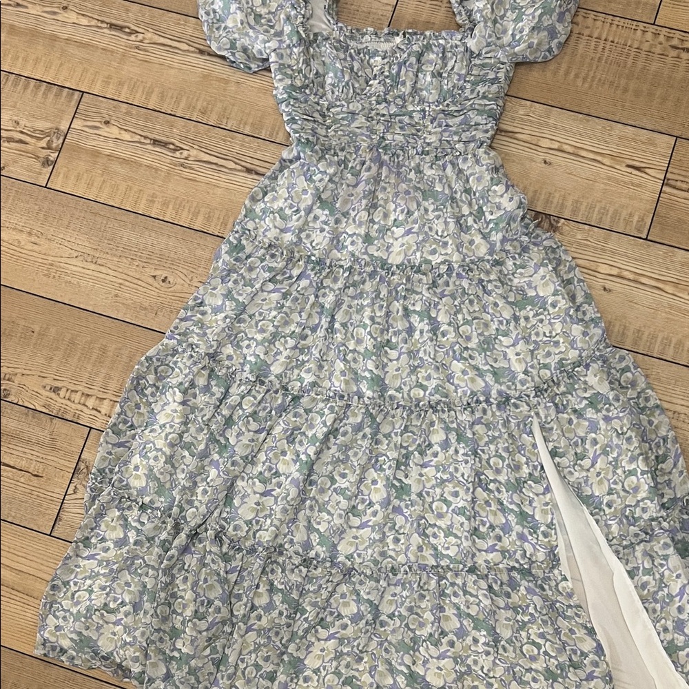 Smocked Floral Maxi Dress in Soft Blue and Cream
